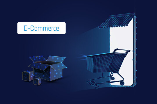 mobile phone, online shopping, supermarket in your pocket, shopping app, e-commerce, shopping cart and cardboard boxes, online shopping, contactless delivery. plexsus,triangle,low poly,vector,eps 10