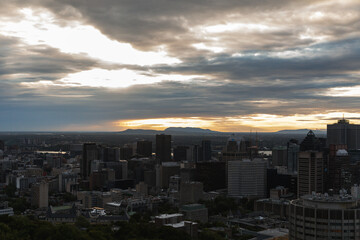 city with tall buildings on a sunrise 