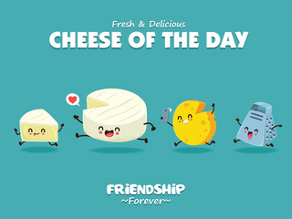 Vintage Cheese poster design with vector peal wen cheese character. 
