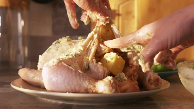 Raw marinated whole chicken for baking in the oven. Action. Close up of woman hand putting white cream sauce with greenery and garlic inside the chicken, foodporn concept.