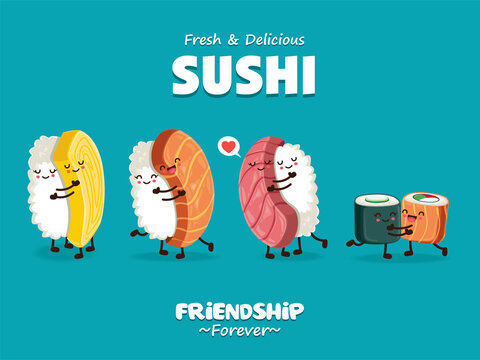 Vintage Sushi poster design with vector sushi character.