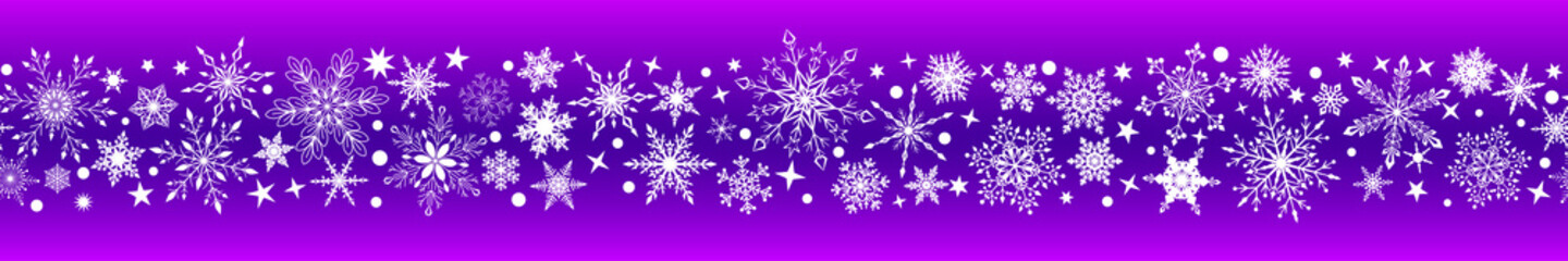 Naklejka na ściany i meble Christmas banner of various complex big and small snowflakes with horizontal seamless repetition, white on purple background