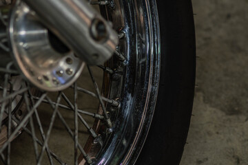 Closeup of motorcycle front wheel