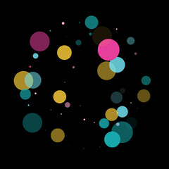 Memphis round confetti festive background in cyan blue, pink and yellow. Childish pattern vector.