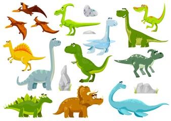 Cartoon dinosaurs, vector dragons, cute and funny baby dino characters. Isolated fantasy colorful prehistoric happy Jurassic period wild animals tyrannosaurus rex, stegosaurus, pterodactyl figures set