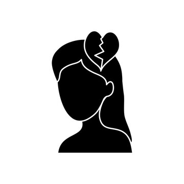 mental health concept, woman head with broken heart icon, silhouette style
