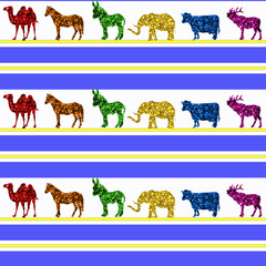 Elephants donkey, horse camel Animals Patterns Texture seamless background, 3d illustration