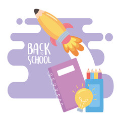 back to school, rocket notebook color pencils creativity education cartoon