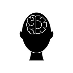 mental health concept, head with brain and gear wheel icon, silhouette style