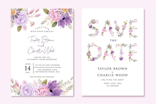 Wedding Invitation And Save The Date Card With Purple Flower Watercolor