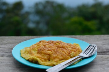 Fresh omelet with ketchup on rice The popular food of the  countryside viewpoint 