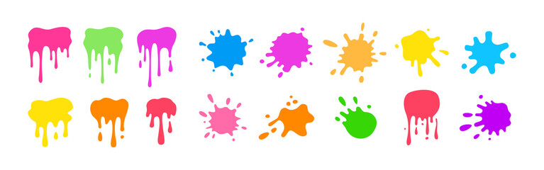 Paint splash shape colorful set. Round ink splatter flat collection, decorative shapes liquids. Grunge splashes, drops, spatters cartoon style. Stain colored collection. Isolated vector illustration