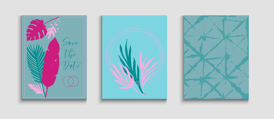 Abstract Trendy Vector Covers Set. Minimal Monstera Leaves Invitation 