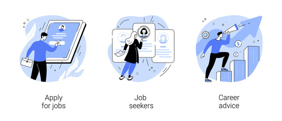 HR service abstract concept vector illustration set. Apply for job, job seekers, career advice, hiring, start career, search for work, employee profile, corporate website, menu bar abstract metaphor.