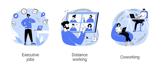 Job opportunity abstract concept vector illustration set. Executive jobs, distance working, coworking, professional growth, online team meeting, shared office space, collaboration abstract metaphor.