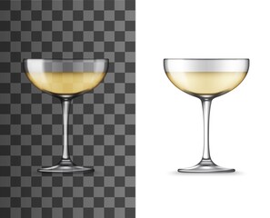 White wine glass or champagne coupe realistic vector mockup. Glass of sparkling wine alcohol drink isolated on transparent background, 3d glassware and tableware design for bar, winery or restaurant - obrazy, fototapety, plakaty