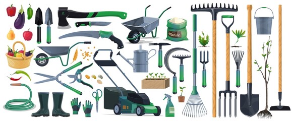 Garden tools and equipment cartoon set of vector agriculture, farming and gardening design. Spade, rake, shovel and pitchfork, trowel, watering hose and can, grass mower, wheelbarrow and pruners