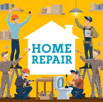 House repair vector design of construction industry workers with work tools. Builder, handyman, electrician and plumber, painters, contractor and engineer with toolbox, light bulb and tape measure