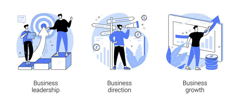 Business strategy abstract concept vector illustration set. Business leadership, direction and growth, goal achievement, planning, vision and setting goals, team investment abstract metaphor.