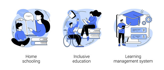 Private schooling curriculum abstract concept vector illustration set. Homeschooling, inclusive education, learning management system, online tutor, individual plan, mobile device abstract metaphor.