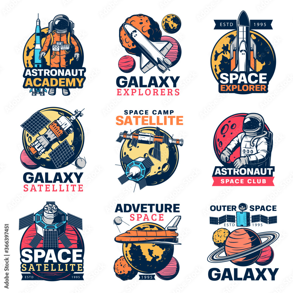 Poster space astronaut, spaceship and planet vector icons. galaxy exploration satellite, rocket and spacema