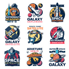 Space astronaut, spaceship and planet vector icons. Galaxy exploration satellite, rocket and spaceman, Moon, Earth and Saturn isolated symbols of space travel and astronomy science © Vector Tradition