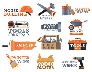 Work tools of house repair and construction industry vector icons. Carpentry, home renovation, DIY and painting tools, hammers, drill, helmet and tape measure, toolbox, saw, paint, brush and roller
