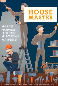Painter, electrician, carpenter and locksmith vector design with construction, house repair and renovation industry cartoon workers with work tools, equipment, ladder. Builder or handyman profession