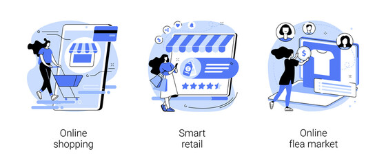 E-commerce platform abstract concept vector illustration set. Online shopping, smart retail, online flea market, internet store, mobile application, digital product catalog, auction abstract metaphor.
