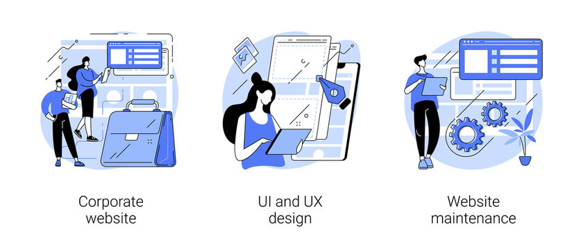 Corporate website abstract concept vector illustration set. UI and UX design, website maintenance, web development, graphic design service, mobile app, user interface, support abstract metaphor.