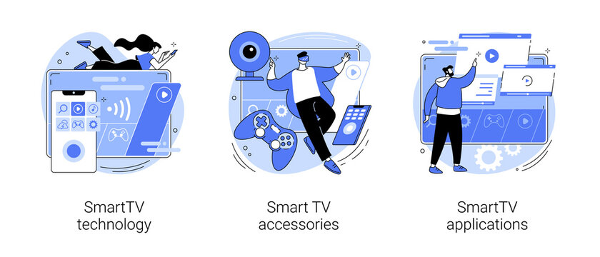 Internet Television Abstract Concept Vector Illustration Set. SmartTV Technology, Accessories And Applications, Online Streaming, Home Cinema, 4k Video, Download Software App Abstract Metaphor.