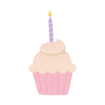 happy birthday cupcake with candle cartoon isolated design icon