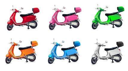Red, orange, white, blue, pink, green scooter on white background. Vector illustration. © erdincaltun
