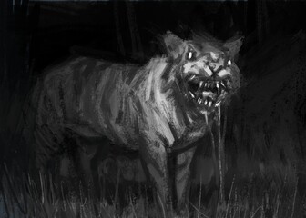 Digital painting of a mutated demonic tiger in the night in the forest, concept art illustration
