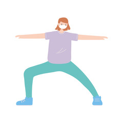 young woman with medical mask practicing exercise, prevention coronavirus covid 19
