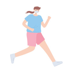 young woman with medical mask running isolated design icon