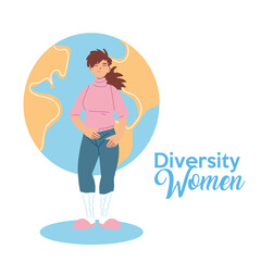 american woman cartoon in front of world of cultural diversity vector design