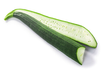 Fresh immature Luffa (Luffa acutangula pepo fruit), cut in half, isolated w clipping paths