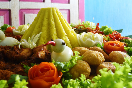 Nasi Tumpeng, traditional Indonesian cuisine made from yellow rice cone.
