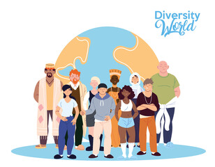 Women and men cartoons in front of world of cultural diversity vector design