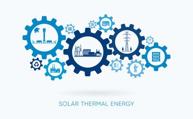 solar thermal energy, solar thermal  power plant with gear icon