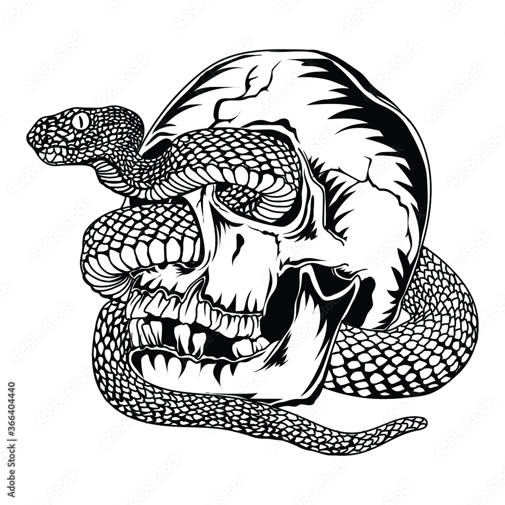 Wall mural tattoo and t-shirt design black and white hand drawn human skull with viper snake premium vector