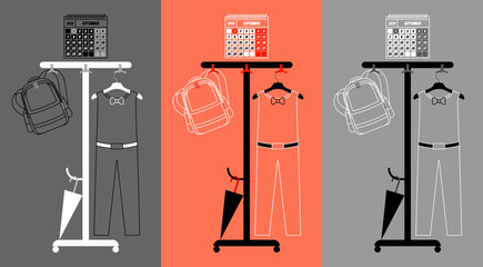  Illustration. Back to school. Backpack and a school uniform of a student boy hang on a hanger. September 1st on the calendar. Beginning of school year. Minimalistic vector