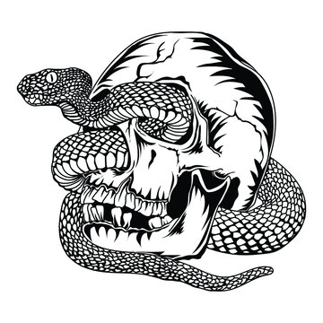 tattoo and t-shirt design black and white hand drawn human skull with viper snake premium vector