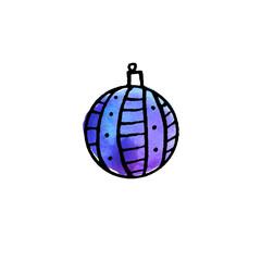 Christmas watercolor tree ball isolated on white background. New year and Christmas line art, doodle, sketch, hand drawn. Simple illustration for greeting cards, calendars, prints