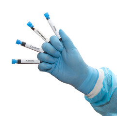 Hand in glove holding a test tubes with labels of corona virus, covid-19, isolated on a white background. Samples with testing blood.