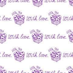 Obraz premium Seamless pattern with gift boxes and hearts. Cute hand drawn doodles. Concept for wrapping paper, greeting cards, xmas, packaging, wedding, birthday, fabric, Valentines Day, mothers Day