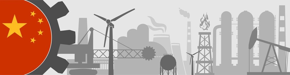 Energy, manufacturing and power icons set. Header or footer banner. Sustainable energy generation, transportation and heavy industry. Flag of the China