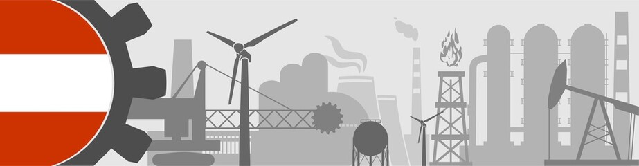 Energy, manufacturing and power icons set. Header or footer banner. Sustainable energy generation, transportation and heavy industry. Flag of the Austria
