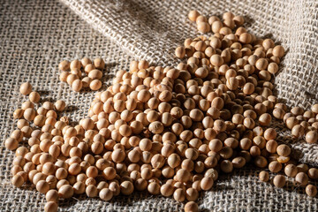 Brazilian soybean seeds on jute background with selective focus in Brazil